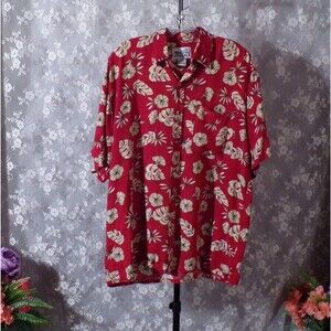 Vintage Hawaiian Shirt Red Hibiscus Floral Print Rockabilly Retro Size Medium